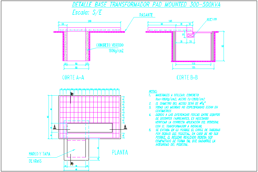 Transformer pad mounting view with construction detail dwg file