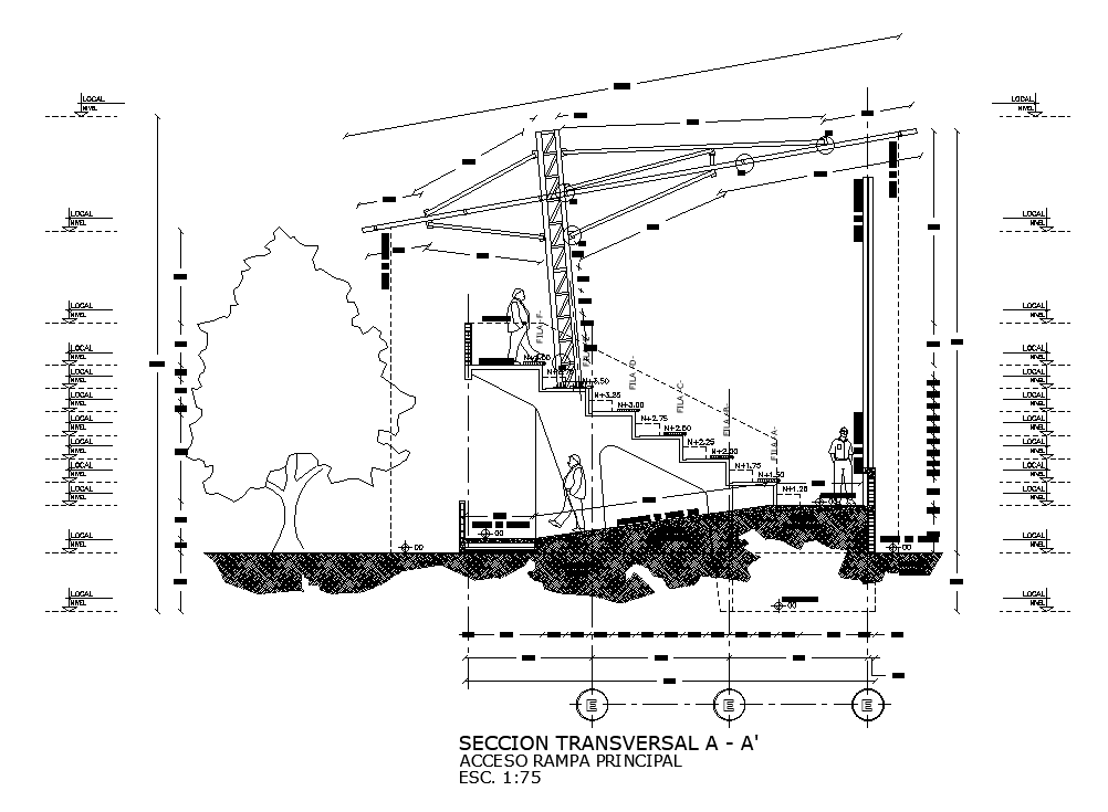 Transverse section AA view of 50x46m shopping mall is given in this AutoCAD drawing model. Download now.