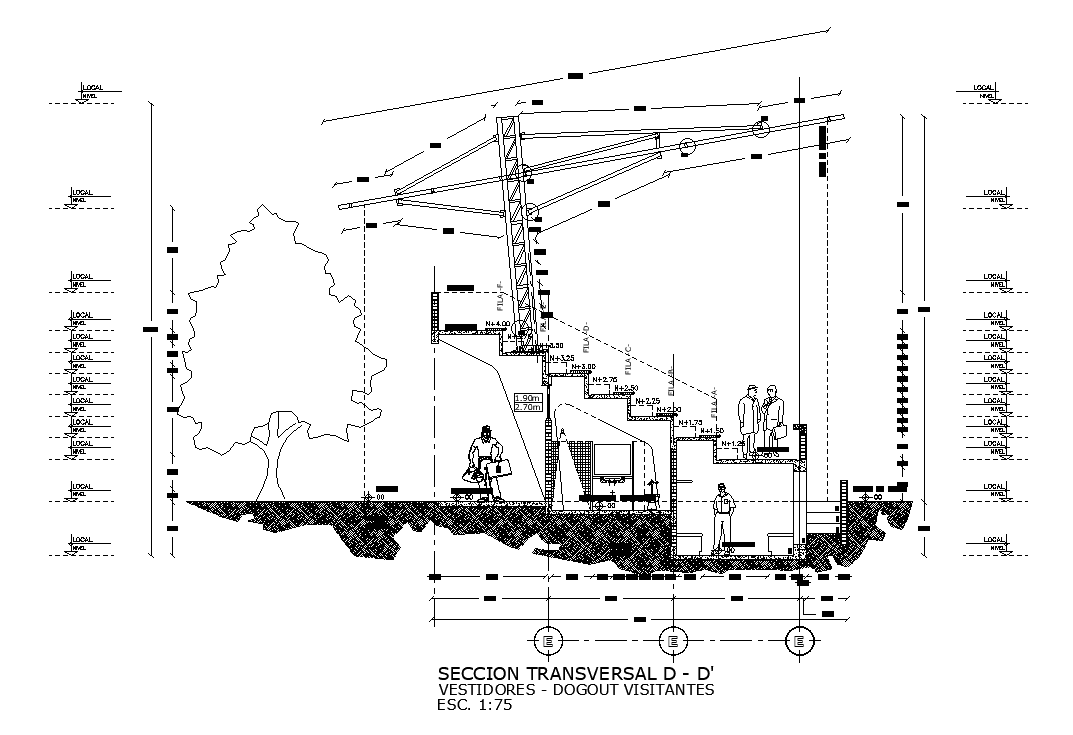 Transverse section DD view of 50x46m shopping mall of dressing area is given in this AutoCAD drawing model.Download now.