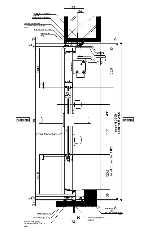 Transverse section view of 890x2400mm door is given in this AutoCAD drawing model. Download now.