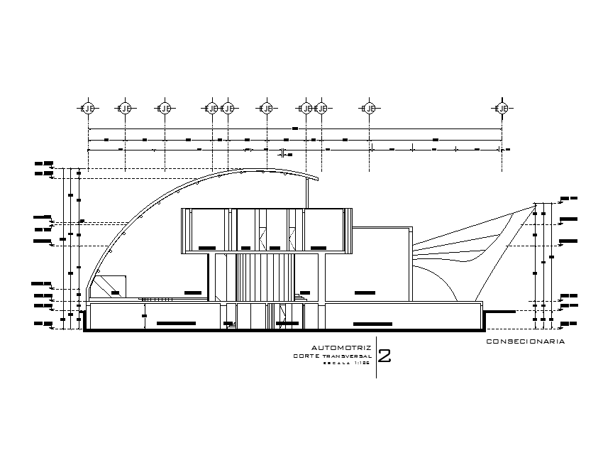 Transverse section view of auto agency building is given in this Autocad drawing file. Download now.