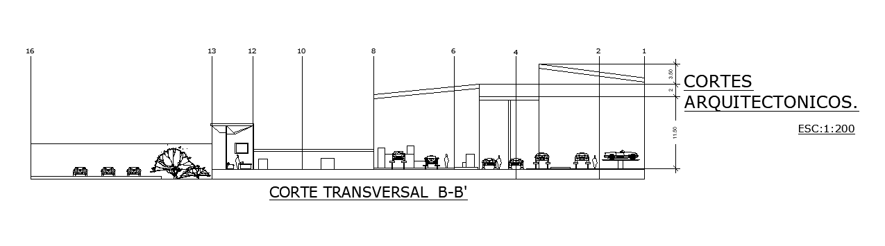 Transverse section view of the 147x103m office building CAD drawing