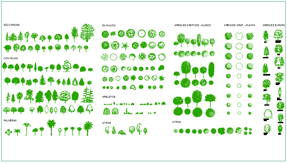 Tree view with different types of block with European tree view dwg file