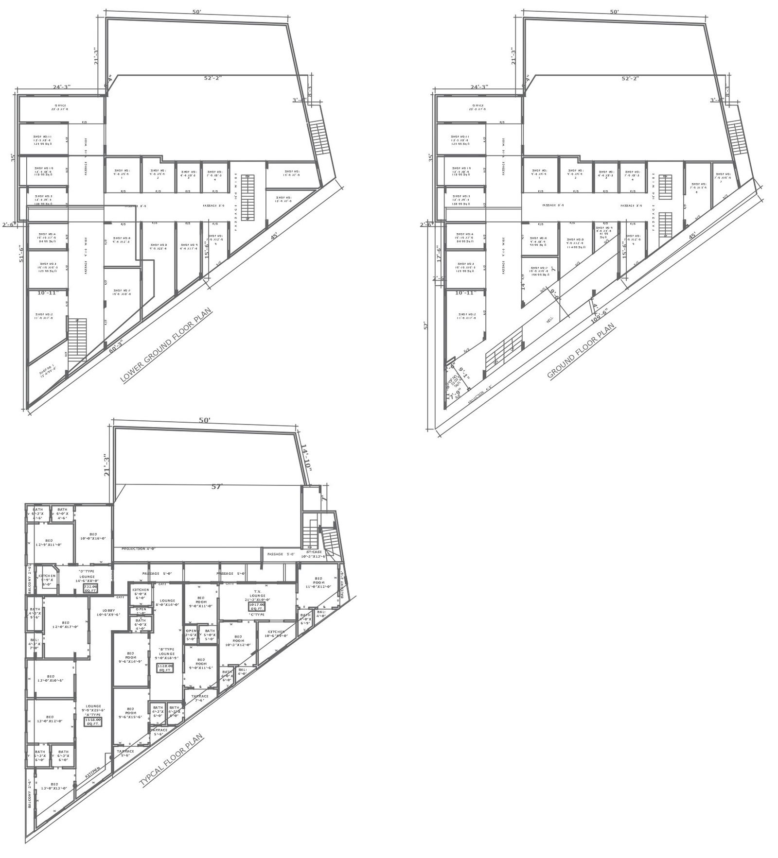 Triangle shaped all floor plan of hotel design DWG AutoCAD drawing.