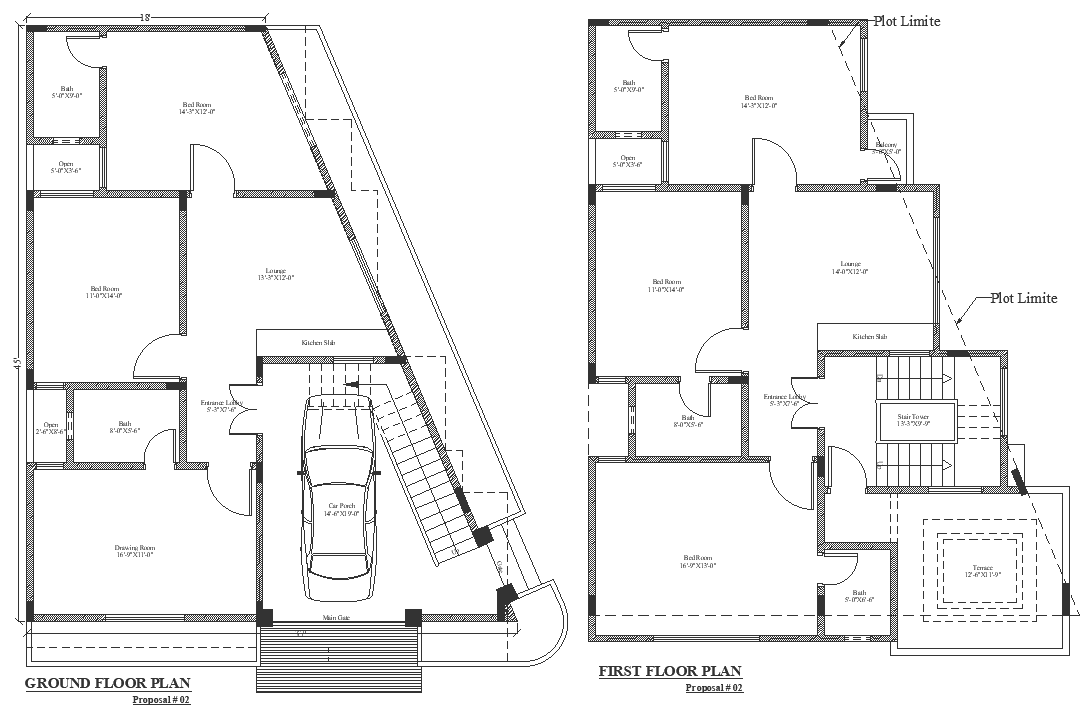 Triangular double storey house plan with detail of space division DWG autoCAD drawing