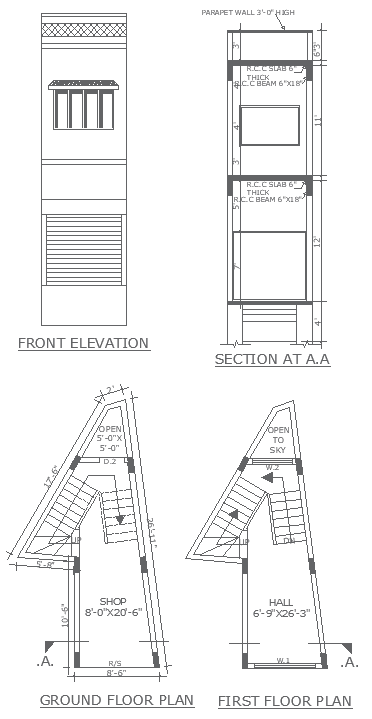 Triangular shaped staircase design with plan section and elevation detail DWG AutoCAD drawing