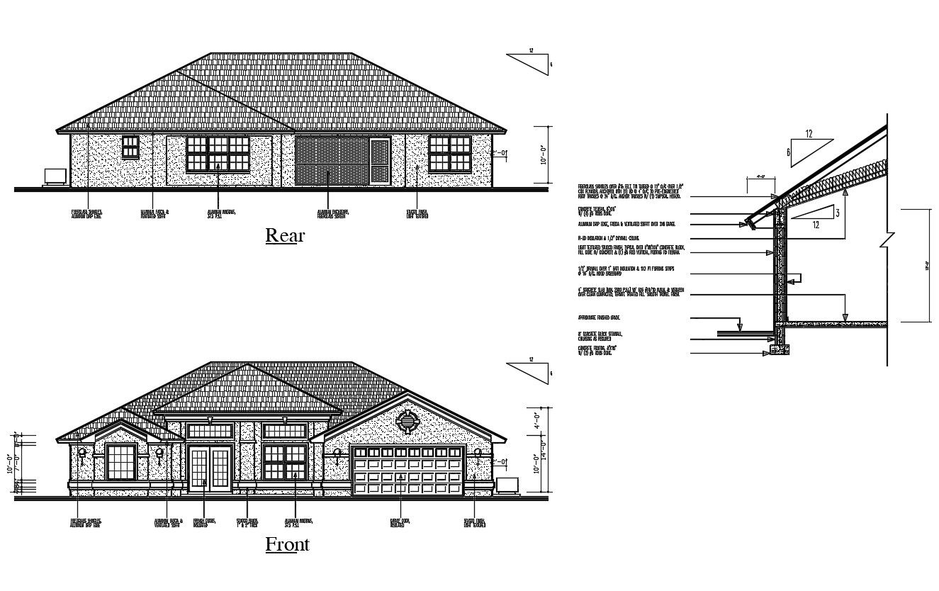 Truss Roof House Elevation Design DWG File