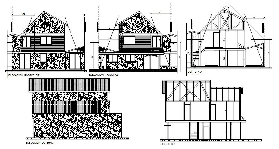 Truss Span Roof House Building Sectional Elevation Design DWG File