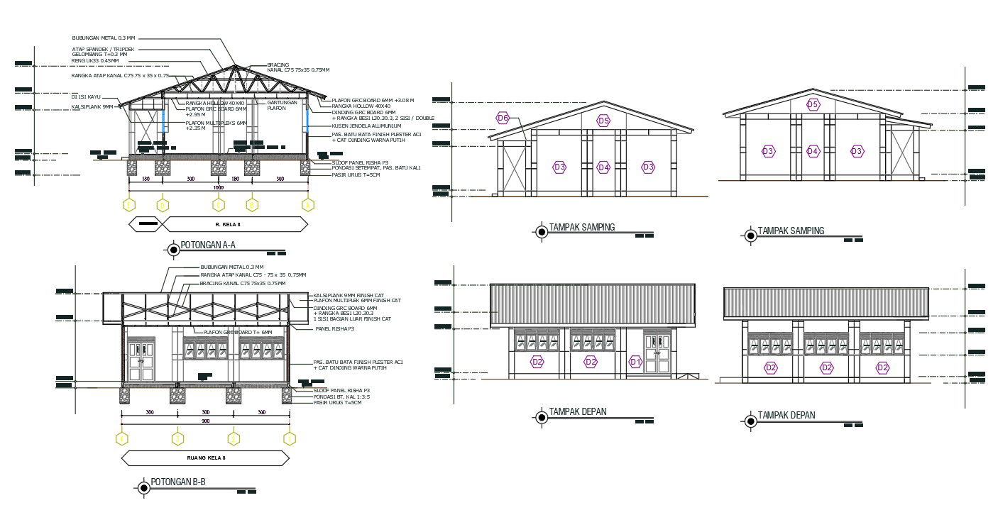 Truss Span Roof House Section Drawing DWG File