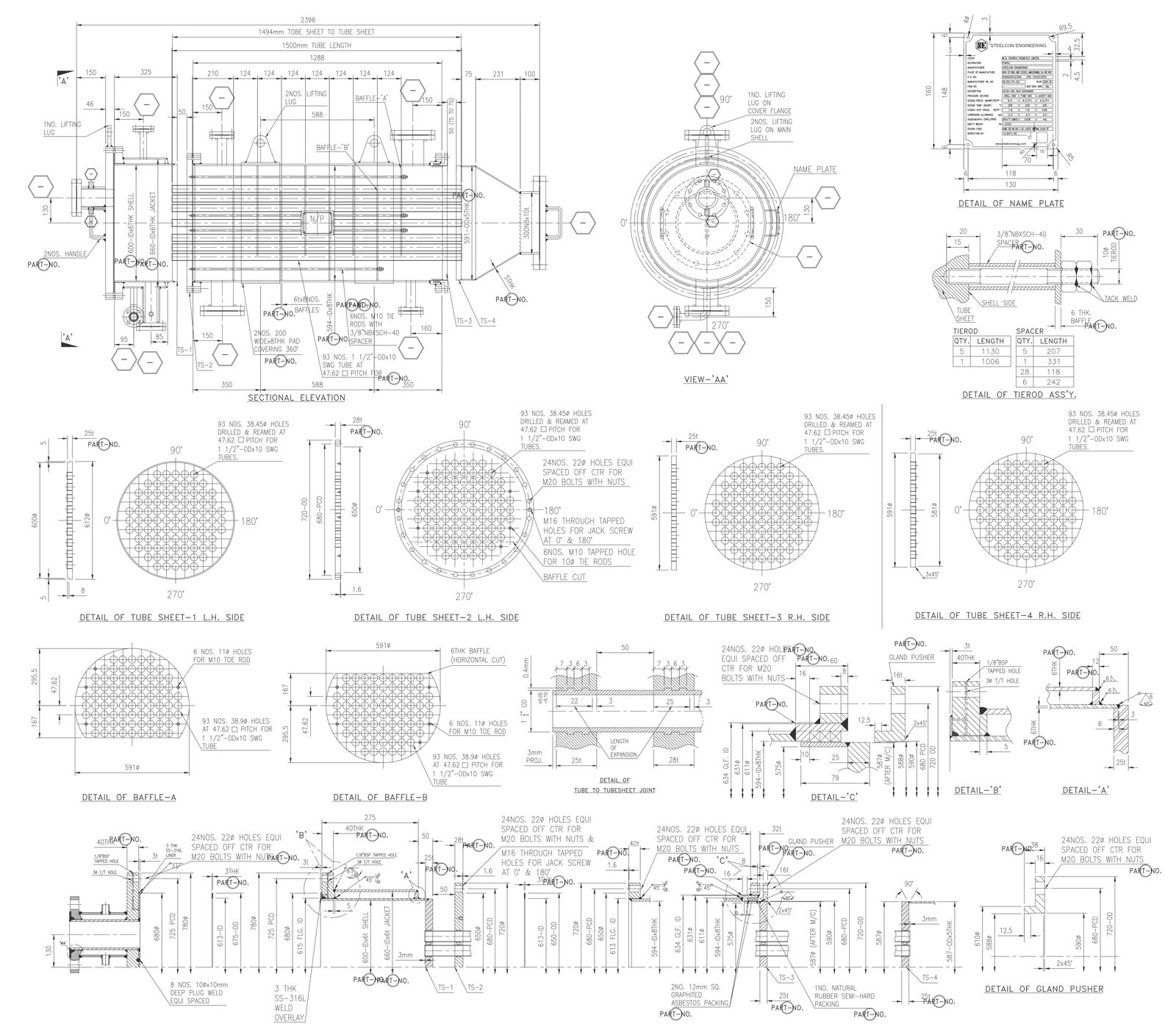 Tube sheet plan section and elevation detail DWG AutoCAD drawing