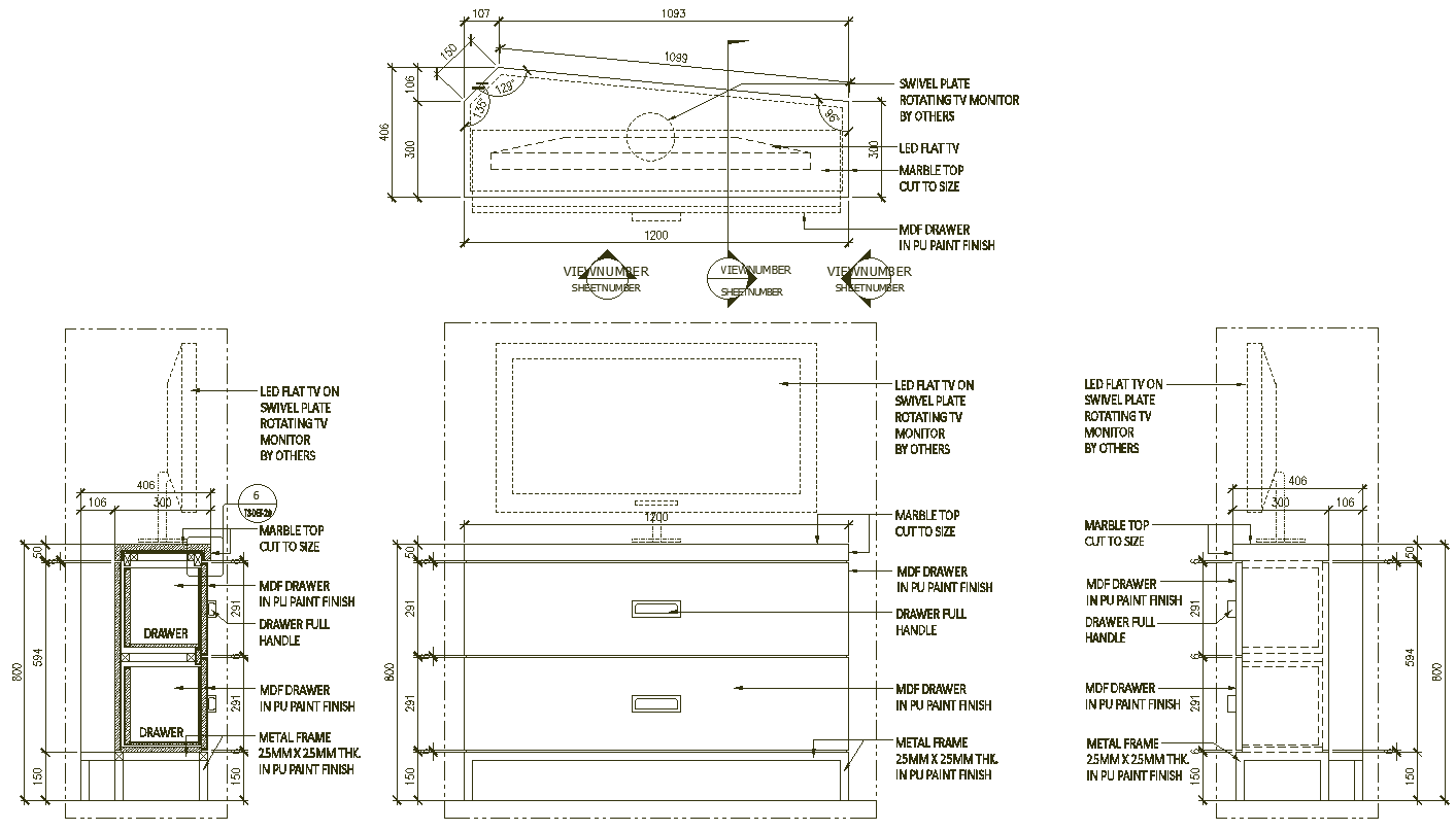 TV Unit Detailed Plan with Section and Elevation in DWG file