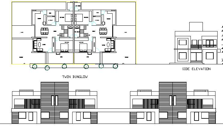 Tween bungalow multi-flooring architecture project dwg file