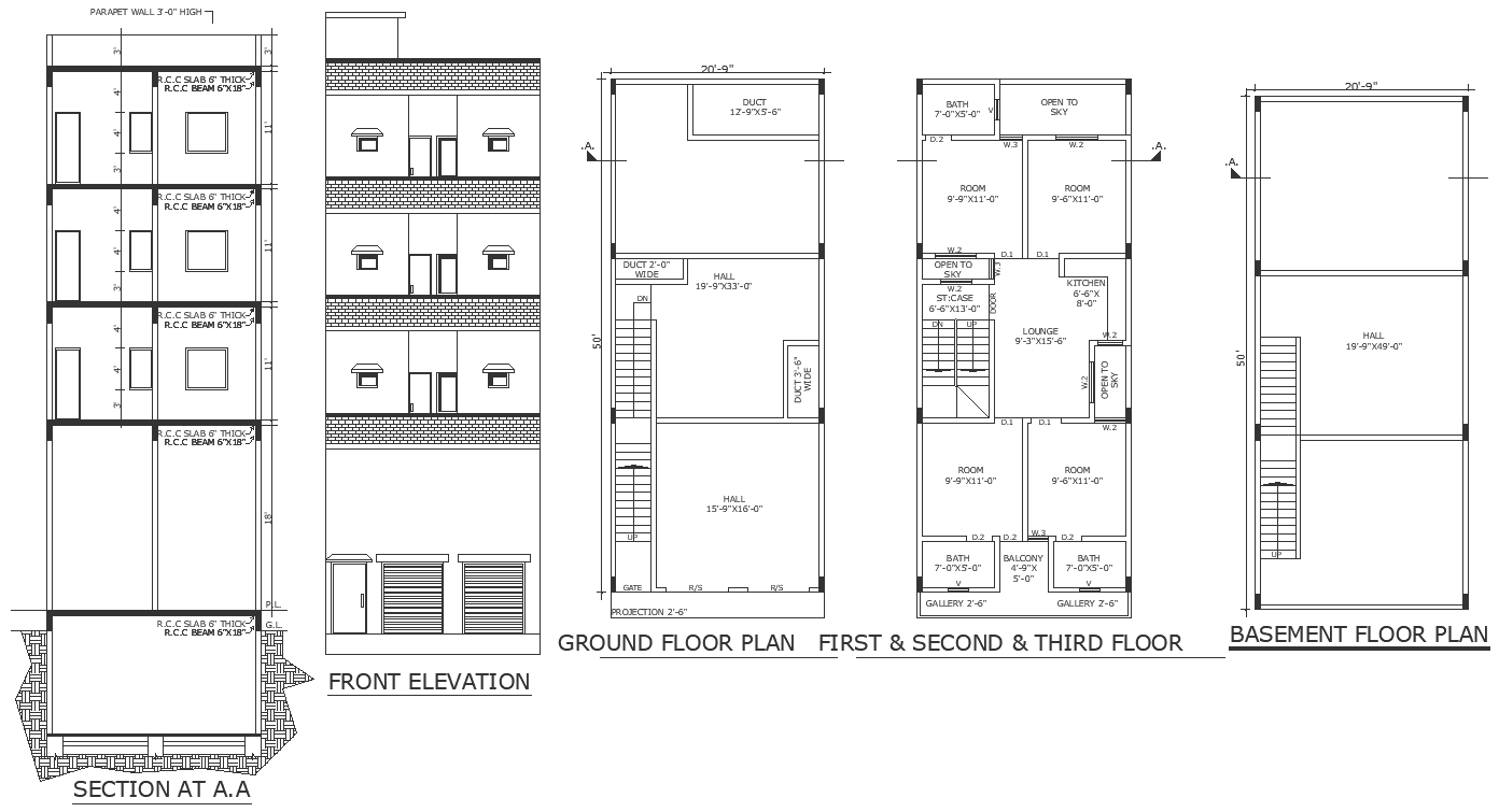 Twenty feet by fifty feet plot size with house plan elevation and section detail dwg autocad drawing .