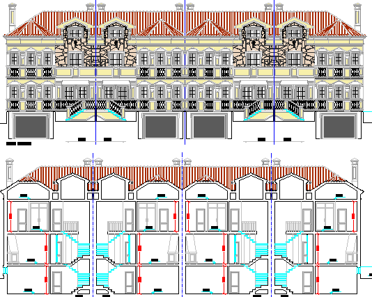 Twin House Architecture Layout and Main Elevation and Section Plan dwg file