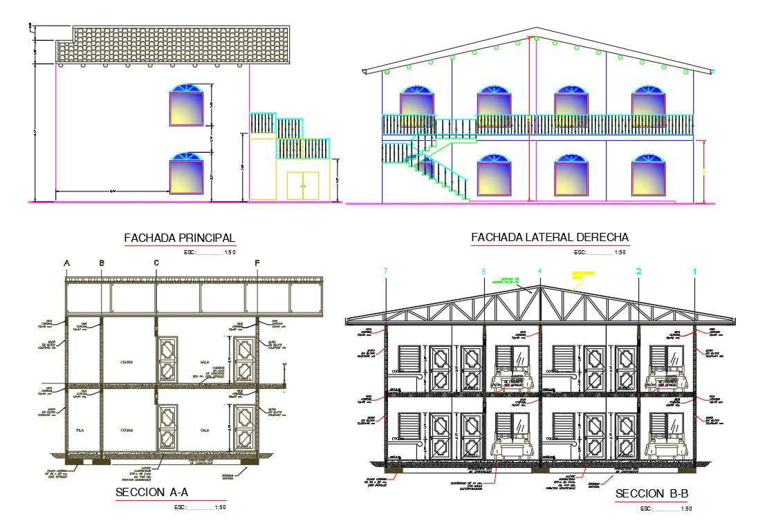 Twin House Building Section And Elevation Design DWG File