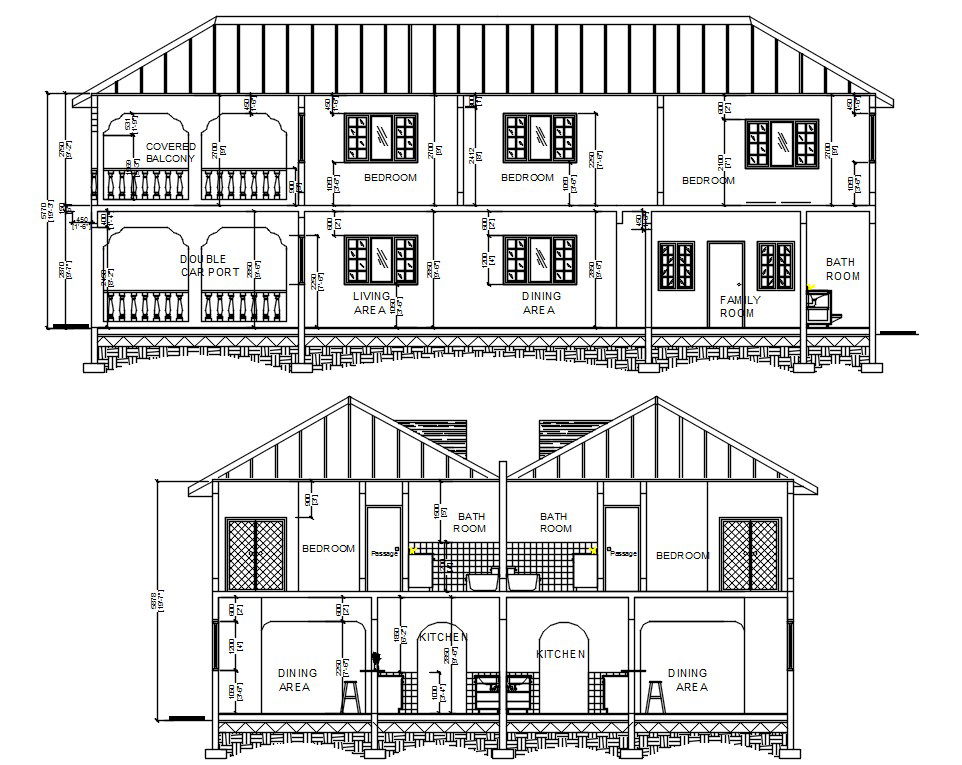 Twin House Building Sectional Elevation Drawing DWG File