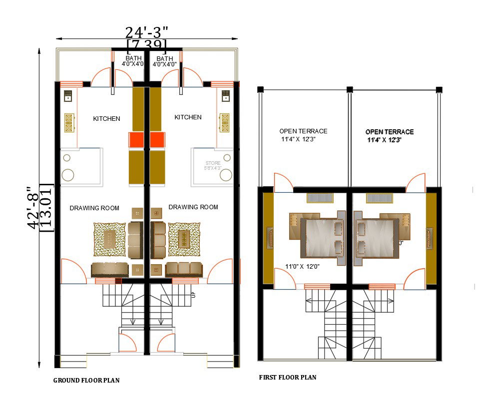 Twin House Plan AutoCAD Drawing Download DWG File
