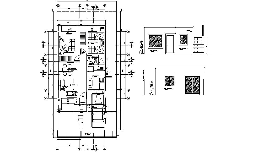 Two BHK Bungalow Plan and Elevation CAD Drawing