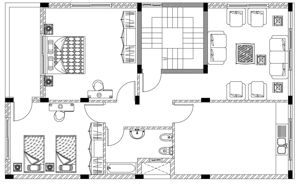 Two Bedroom House Furniture Layout Plan DWG File