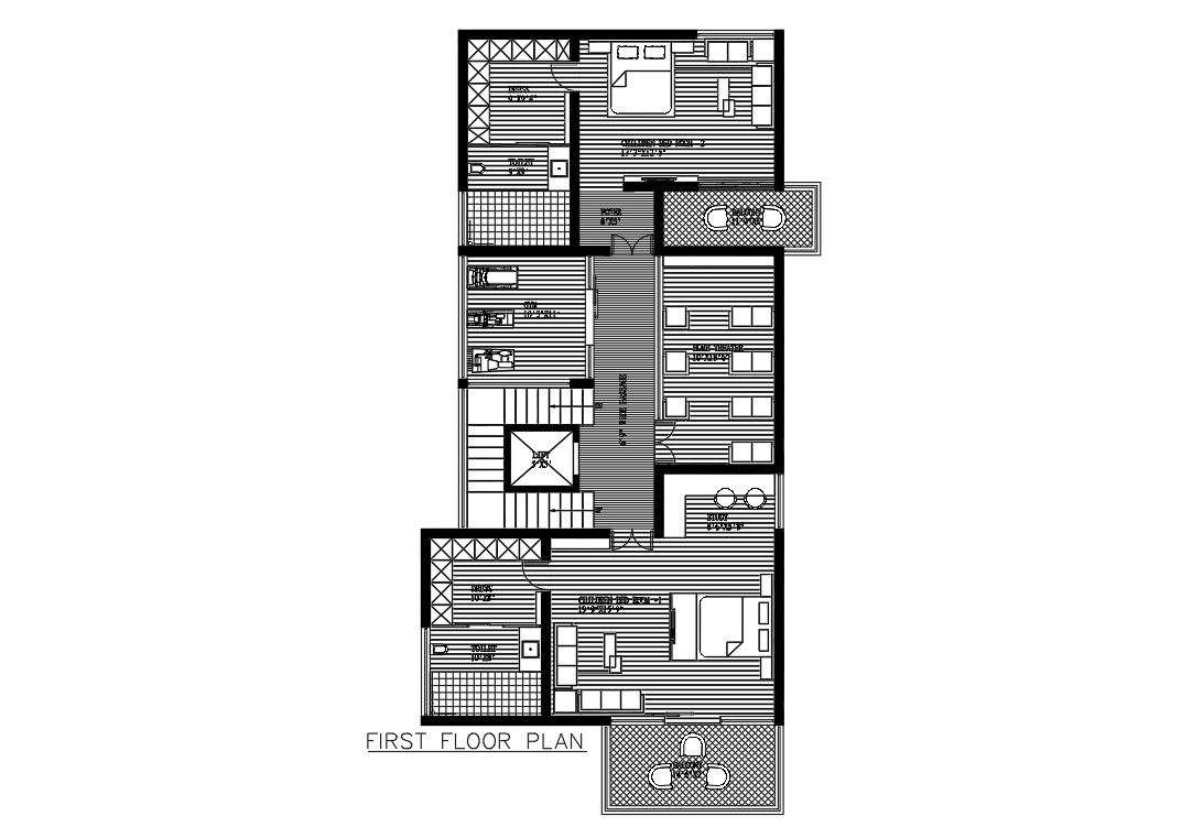 Two Bedrooms First Floor Plan With Furniture Design DWG