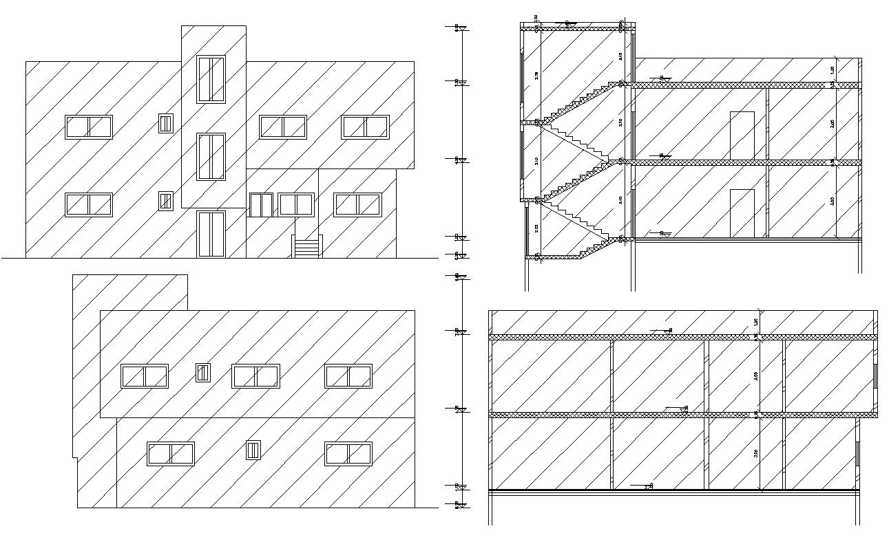Two Elevations And Sections Of House Design CAD File