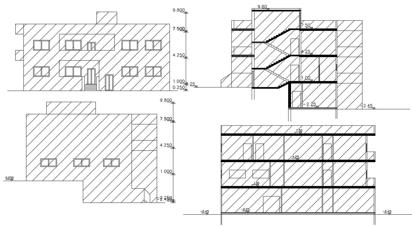 Two Elevations And Sections Of Residential House AutoCAD Drawing