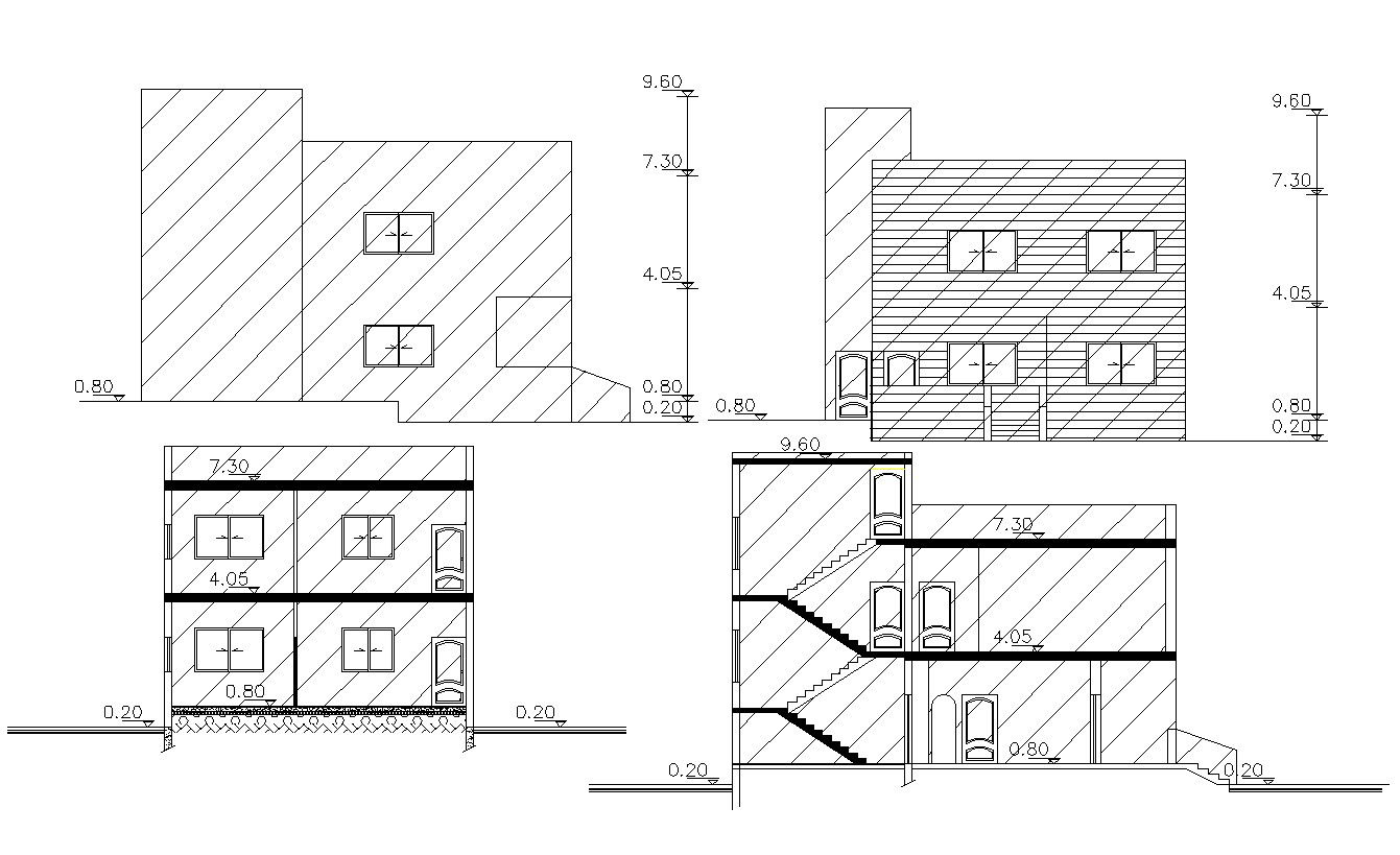 Two Floor House Elevations And Sections AutoCAD Drawing