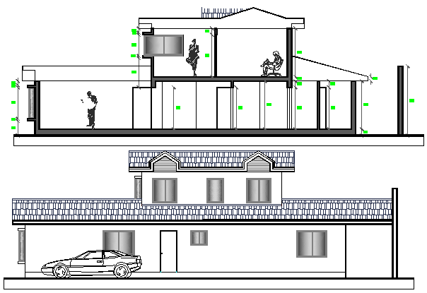 Two Flooring Single Family House Elevation and Section Plan dwg file