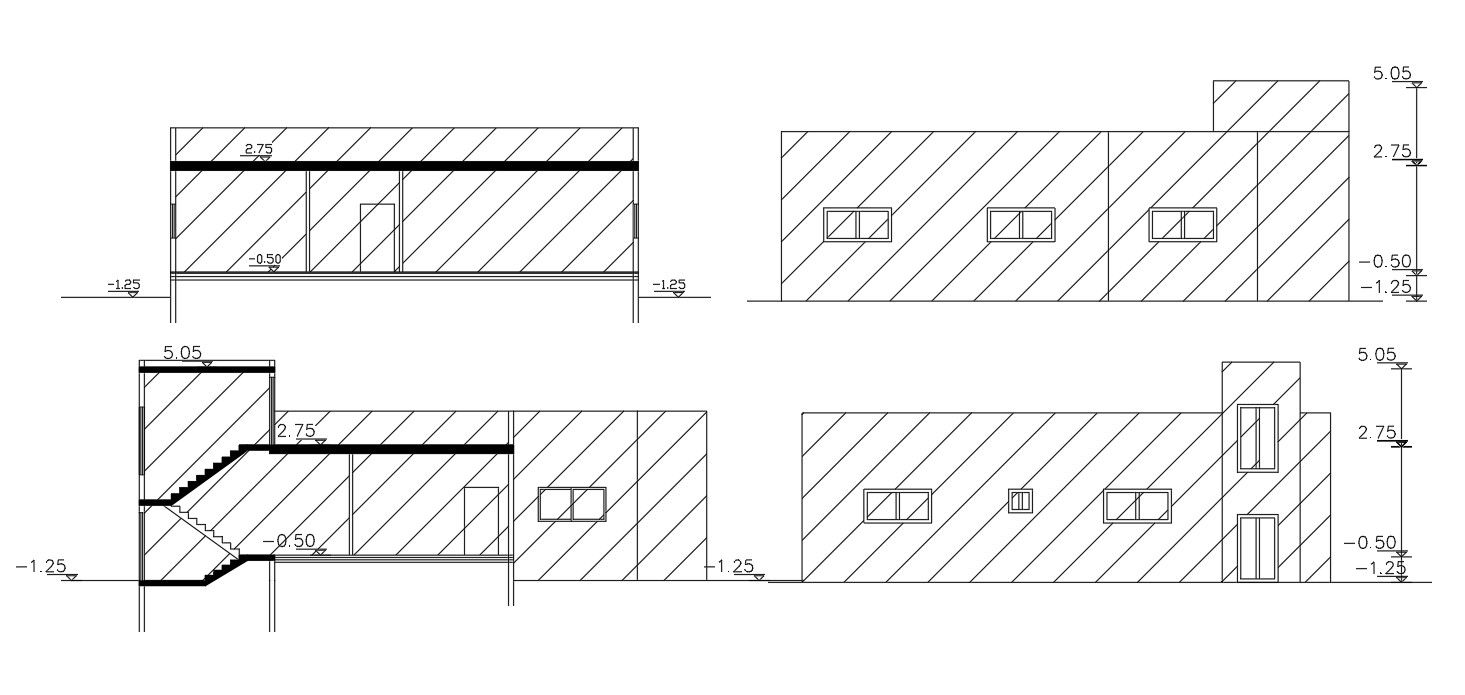 Two Sections And Elevations Of Simple House Design DWG File