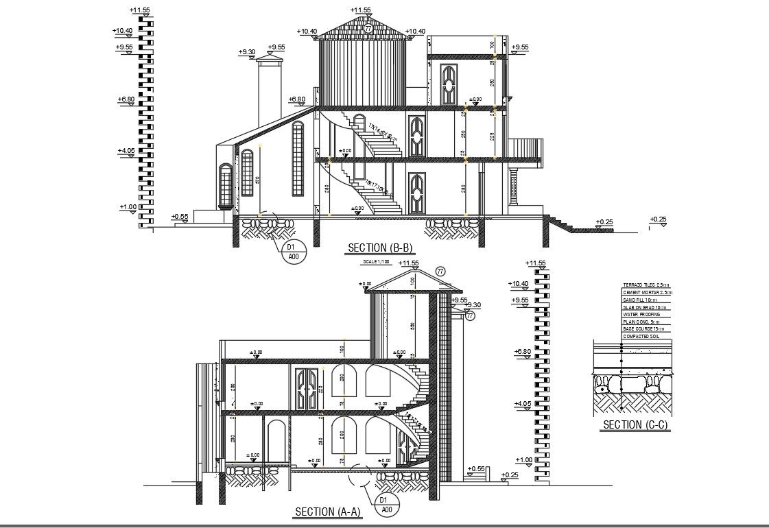 Two Sections Of Residential Building Design AutoCAD File
