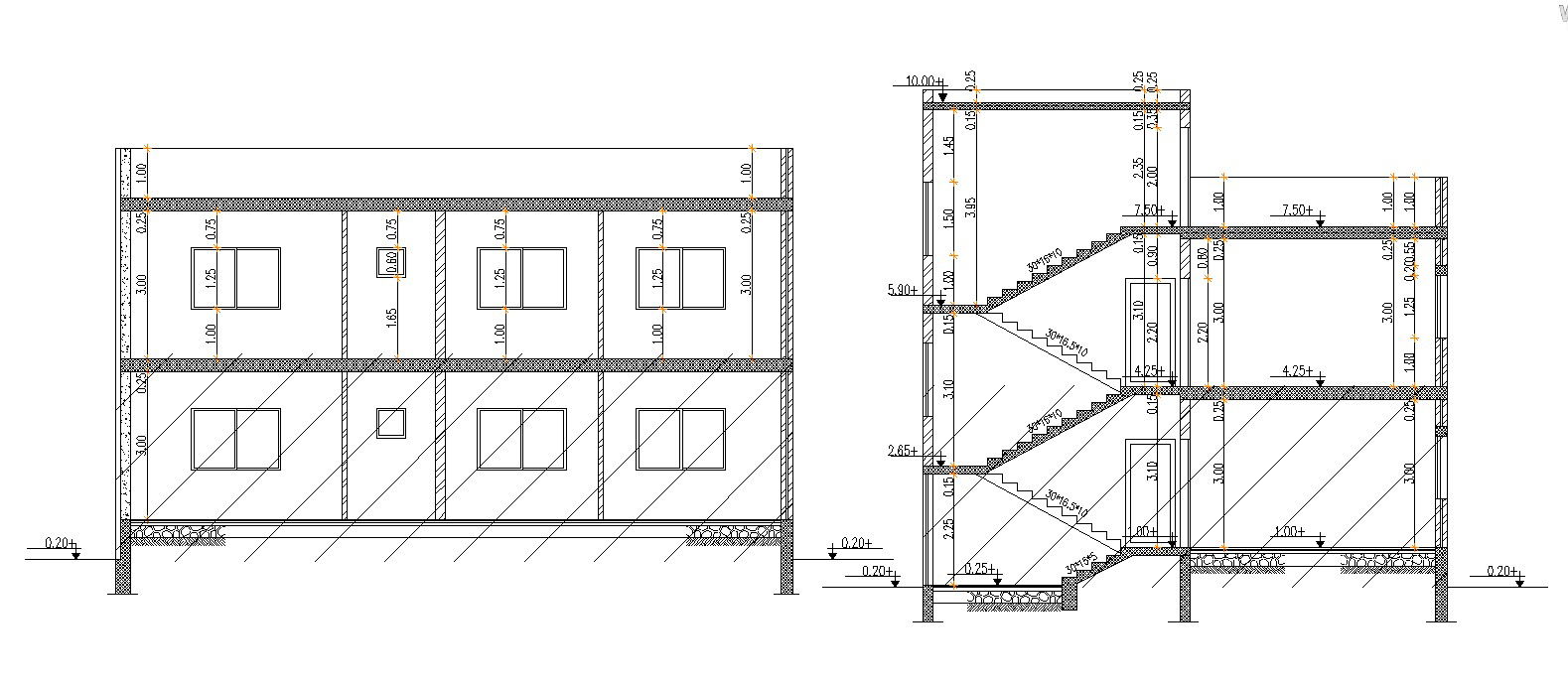 Two Story House Sections 2D CAD Drawing Free Download