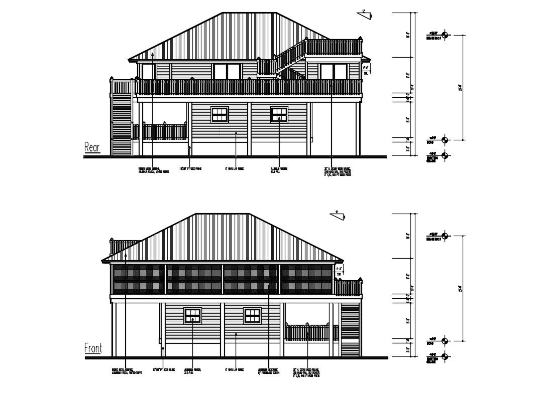 Two Story Rear And Front Side Ethnic Elevation Of Bungalow AutoCAD File