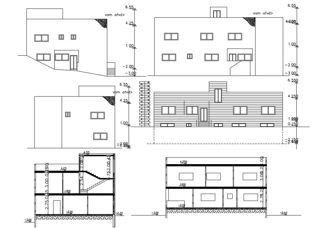Two Story Residential Building Elevations Sections DWG File