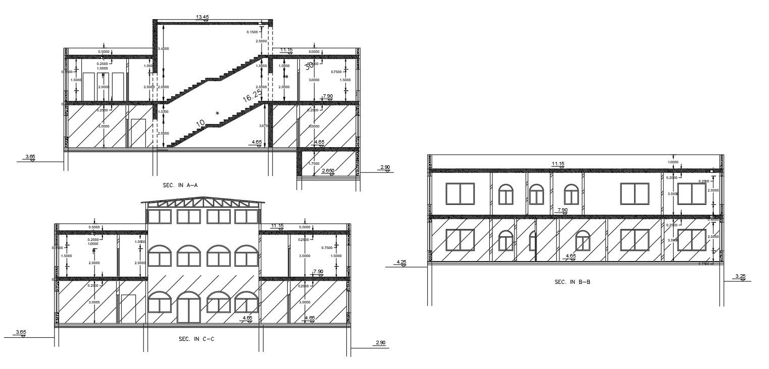 Two Story Residential Building Sections Design AutoCAD Drawing