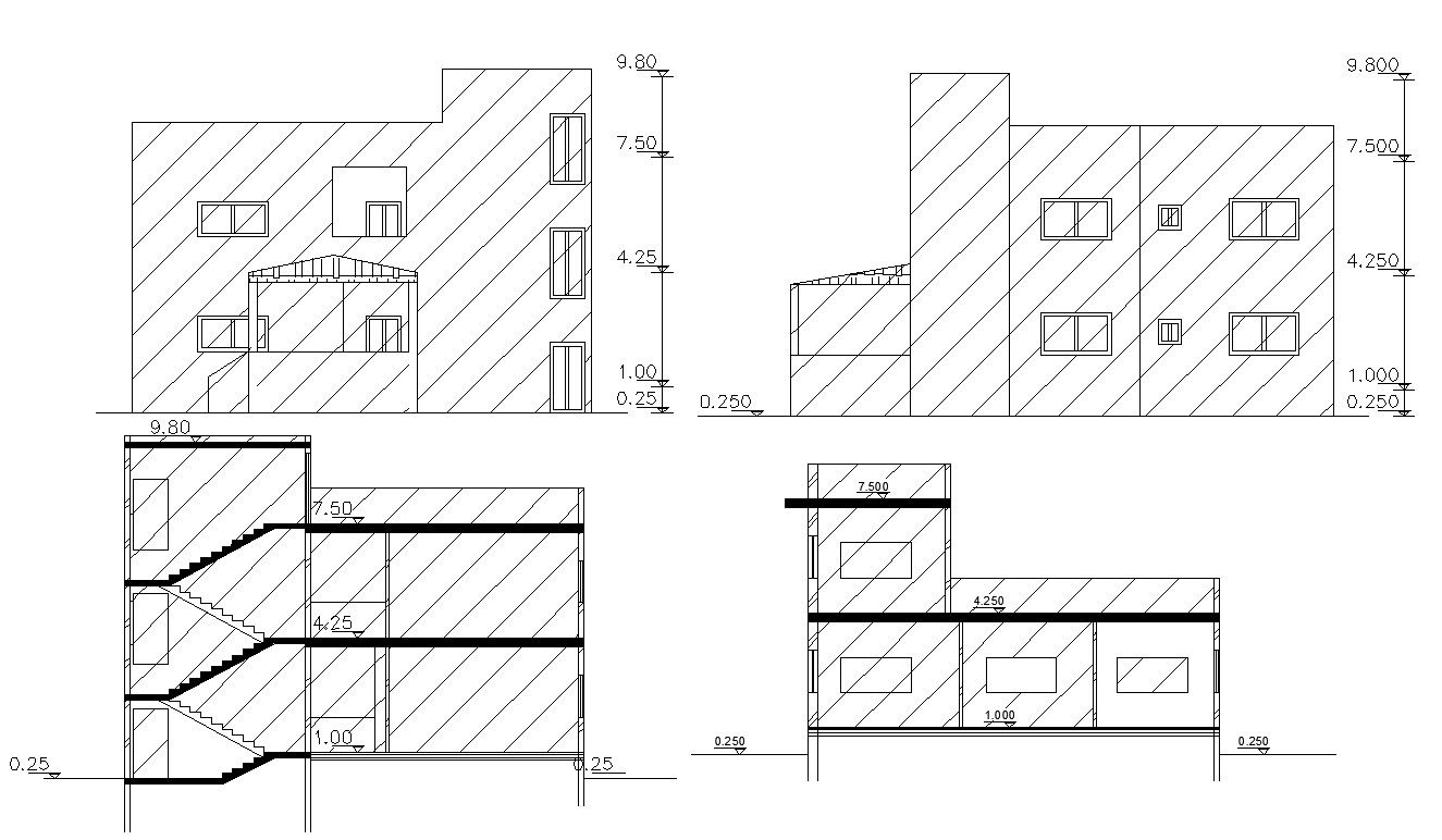 Two Story Residential House Elevations And Sections CAD File