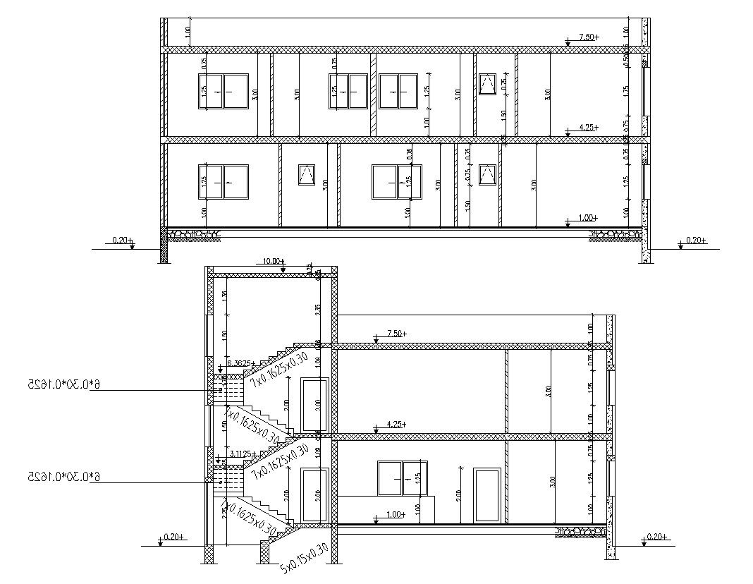 Two Story Section Of Building With Dimension