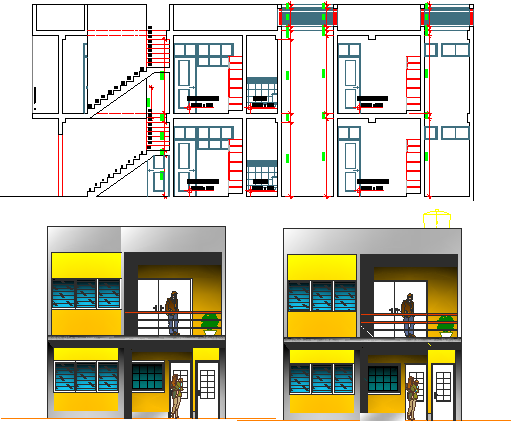 Two flooring bungalow elevation and section details dwg file