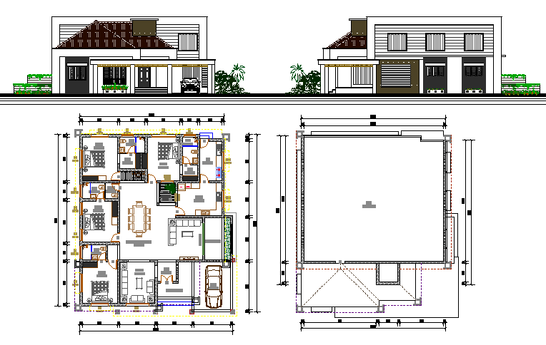 Two flooring bungalow elevation and structure details dwg file