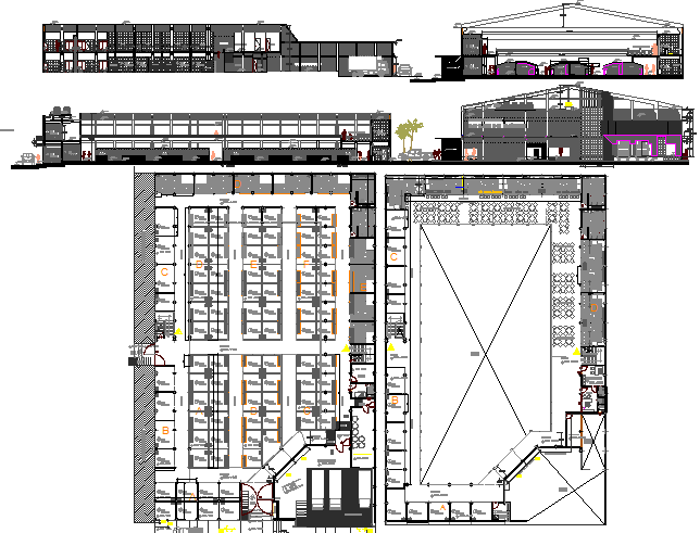 Two flooring city shopping center elevation, section and layout plan dwg file
