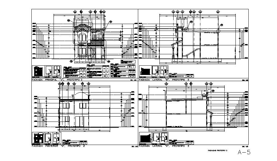 Two-flooring house elevation and constructive sectional details dwg file
