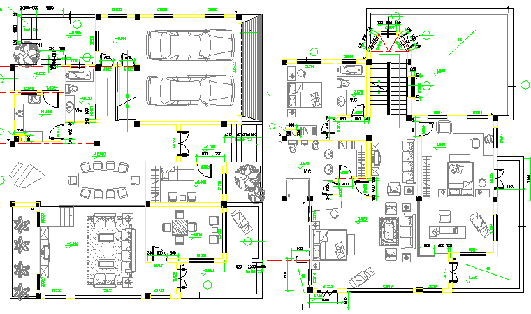 Two flooring multi-family bungalow floor plan details dwg file