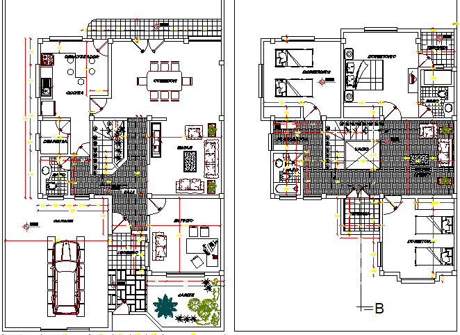 Two flooring one family house floor plan layout dwg file
