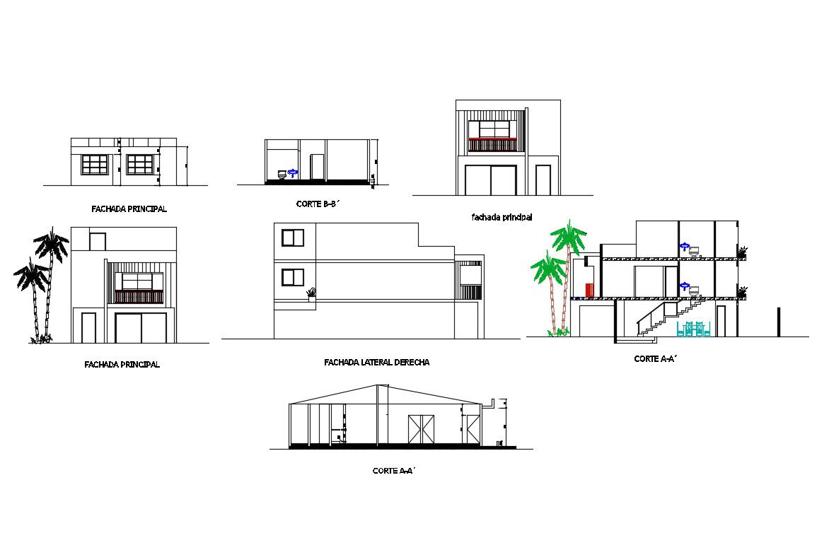 Two-flooring residential house all sided elevation and section details dwg file