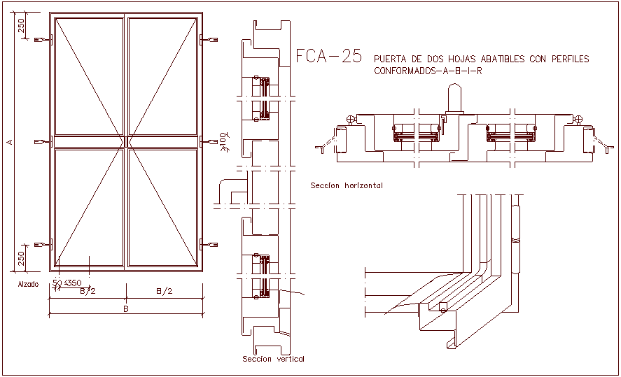 Two fordable sheet profile door with sectional view dwg file