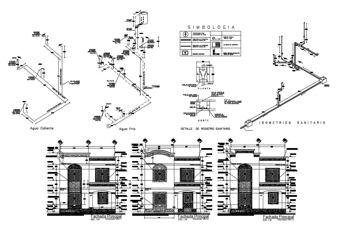 Two level house all sided elevation and constructive sectional details dwg file