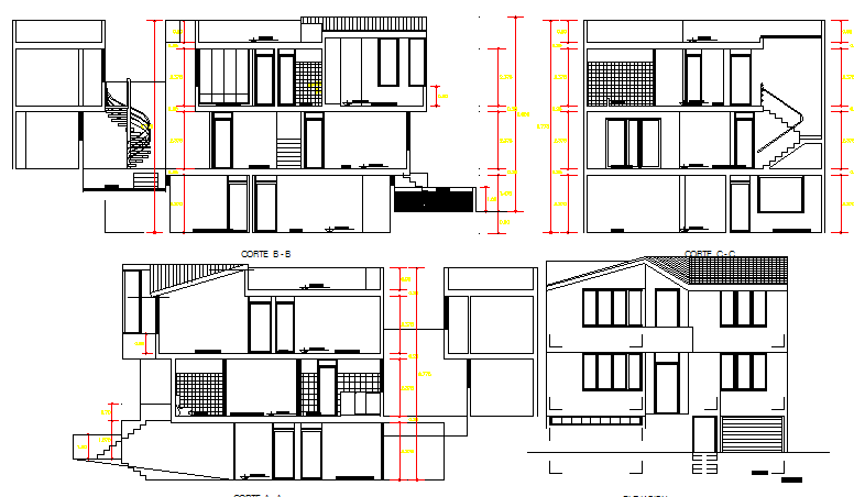 Two level house all sided elevation and section view dwg file