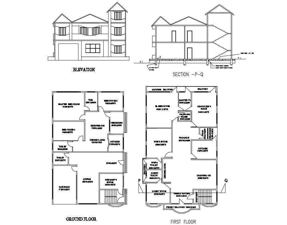 Two-level house elevation, section, ground and first floor plan details dwg file