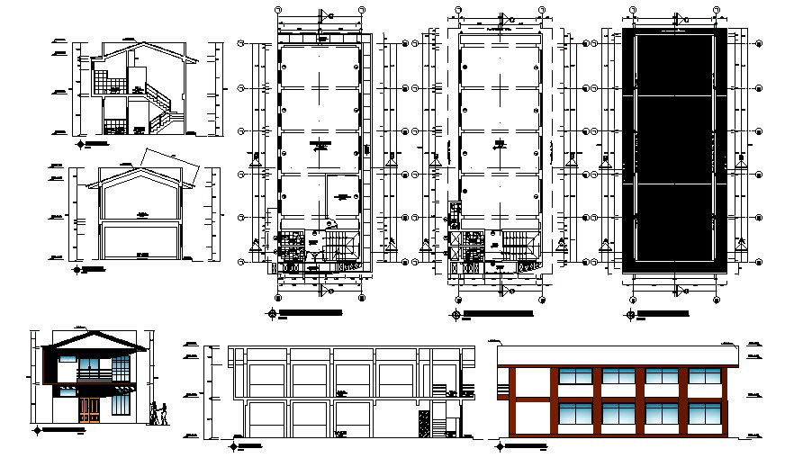 Two-level house elevation, section and plan cad drawing details dwg file