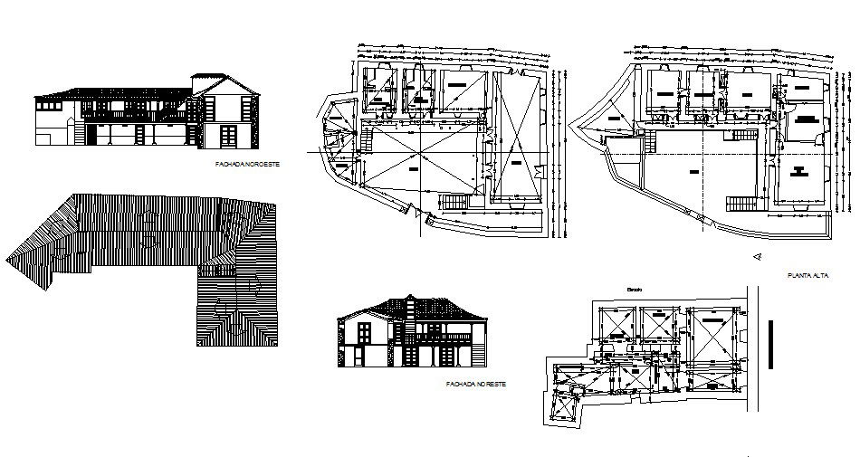 Two-level house elevation, section plan and auto-cad details dwg file