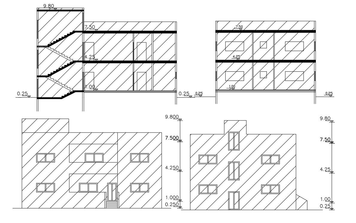 Two-level house front and back elevation and section 2d autocad drawing